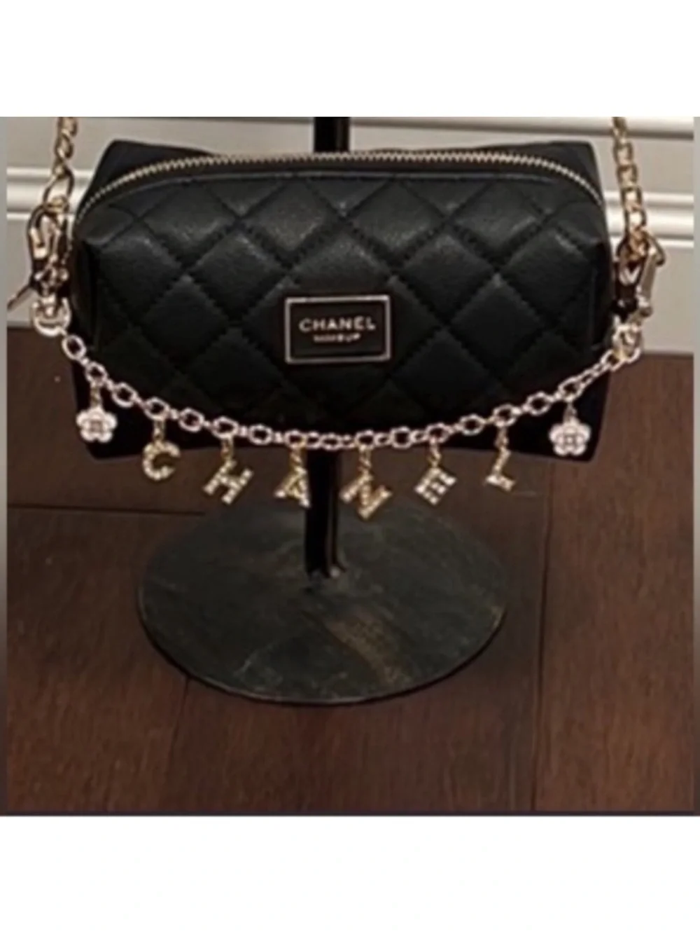 CHANEL Gold-Tone Charm Chain Strap with Crystal Lettering